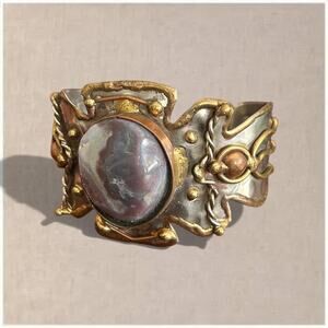 Vintage Artisan Sculptural Boho Statement Cuff Bracelet with Stone Cabochon